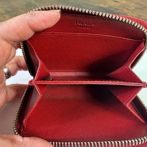 Prada Saffiano Leather Zip Around Coin Purse Wallet Red - Picture 9 of 16